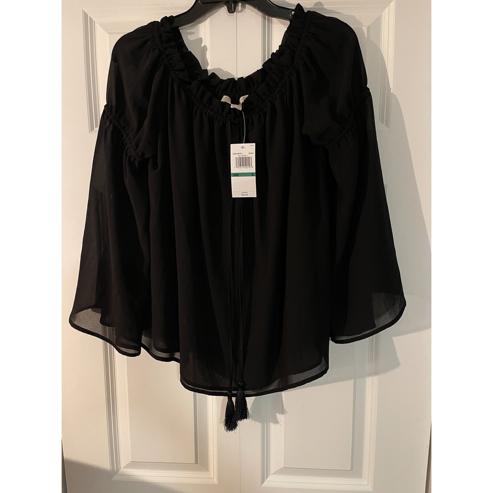 Michael Kors Off The Shoulder Bell Sleeve Peasant Blouse Tassels large Black nwt